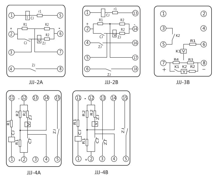 JJJ-2A直流絕緣監(jiān)視繼電器內(nèi)部端子外引接線圖