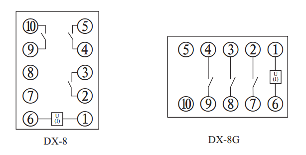 DX-8信號(hào)繼電器內(nèi)部接線及外引接線圖