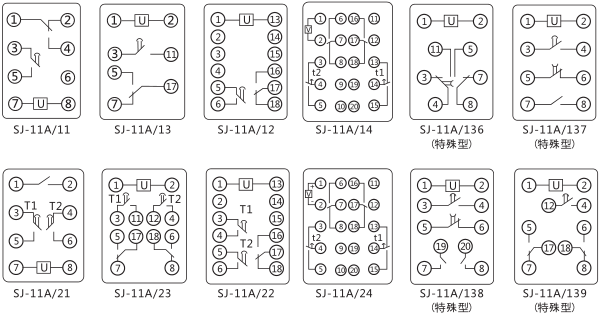 SJ-11A/22集成電路時間繼電器內(nèi)部接線圖及外引接線圖片