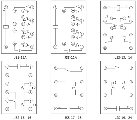 JSS-12A時間繼電器背后接線圖及外引接線圖(背視圖)圖片