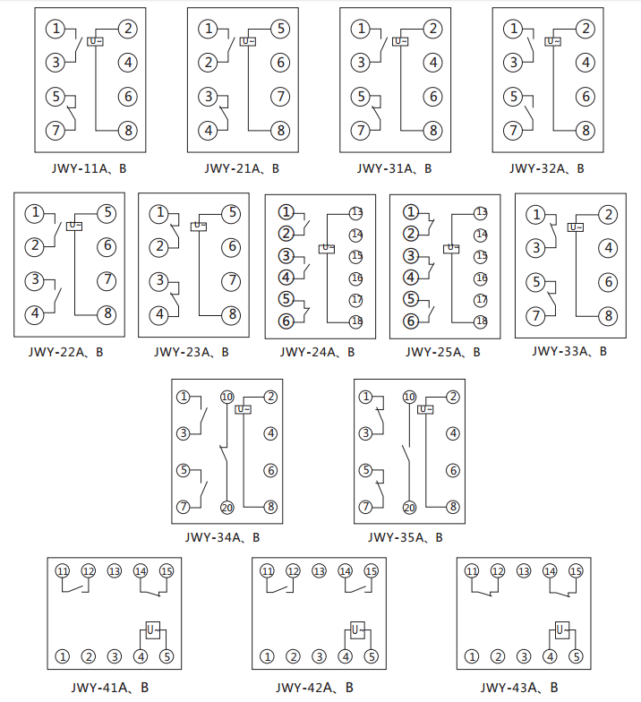 JWY-33B無(wú)輔助源電壓繼電器內(nèi)部接線(xiàn)及外引接線(xiàn)圖（正視圖）