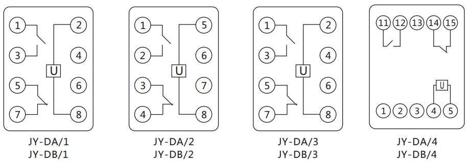 JY-DA/1集成電路直流電壓繼電器內(nèi)部接線圖及外引接線圖（正視圖）