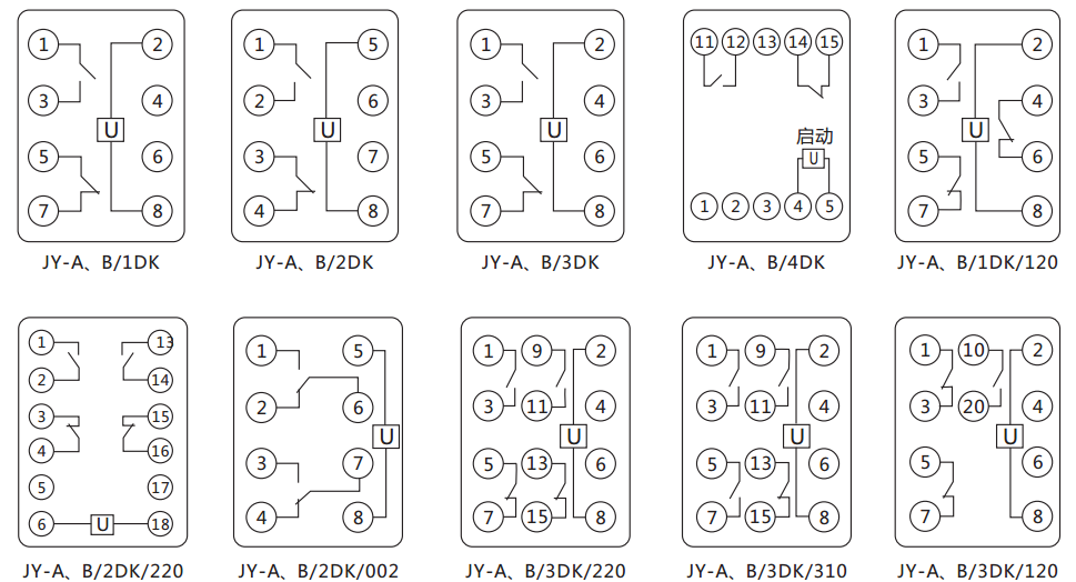 JY-A/3DK無(wú)輔源電壓繼電器內(nèi)部接線(xiàn)圖及外引接線(xiàn)圖（正視圖） 