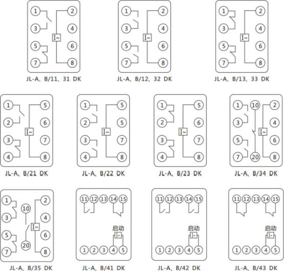 JL-A、B/43 DK無輔源電流繼電器內(nèi)部接線及外引端子圖（正視圖）