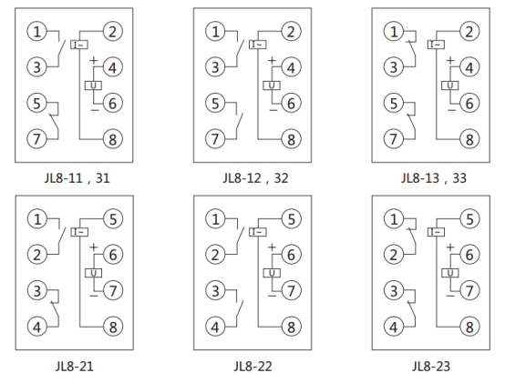 JL8-11集成電路電流繼電器內(nèi)部接線圖及外引接線圖（正視圖）