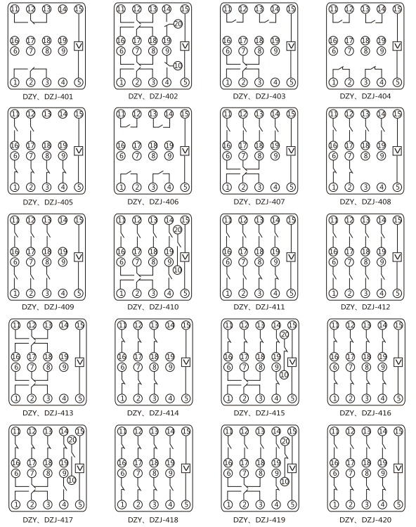 DZY（J)-418導(dǎo)軌式中間繼電器內(nèi)部端子外引接線圖(正視)