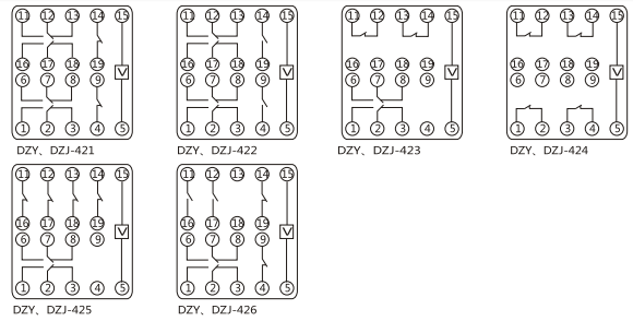 DZY（J)-418導(dǎo)軌式中間繼電器內(nèi)部端子外引接線圖(正視)