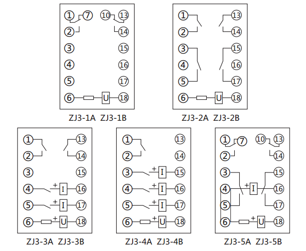 ZJ3-2B快速中間繼電器內(nèi)部接線(xiàn)圖及外引接線(xiàn)圖(正視圖)