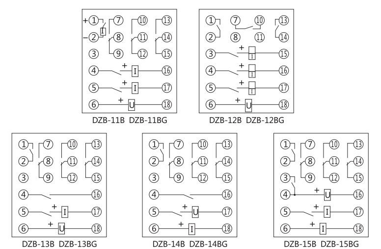 DZB-14B帶保持中間繼電器內(nèi)部接線圖及外引接線圖(正視圖)