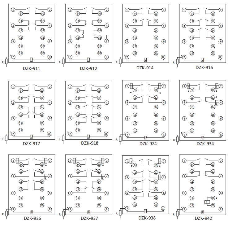 DZK-937快速中間繼電器內(nèi)線接線及外引接線圖(正視圖)